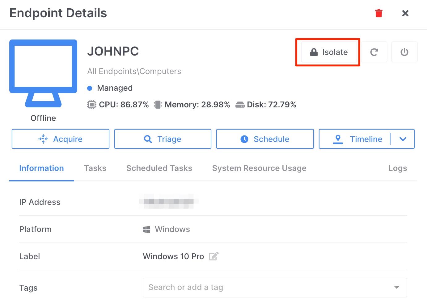 AIR > How Isolation Works” width=”1382″ height=”982″ loading=”lazy” style=”height: auto; max-width: 100%; width: 1382px;”></p>
<p>2. Once you click on that button a warning pops up to check if you are sure about the isolation task, click “Yes” and you isolated the endpoint from the network. Now you can investigate the machine without any disruptions.</p>
<p>Presently, the Isolation feature is available only for Windows clients but we will update you as soon as we make it cross-platform functional.</p>
<p><span style=
